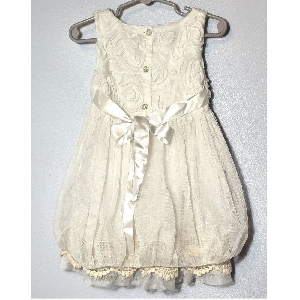 White Petal Mesh Puff Layered Dress Rosette Tulle Crochet Lace Trim Wedding
